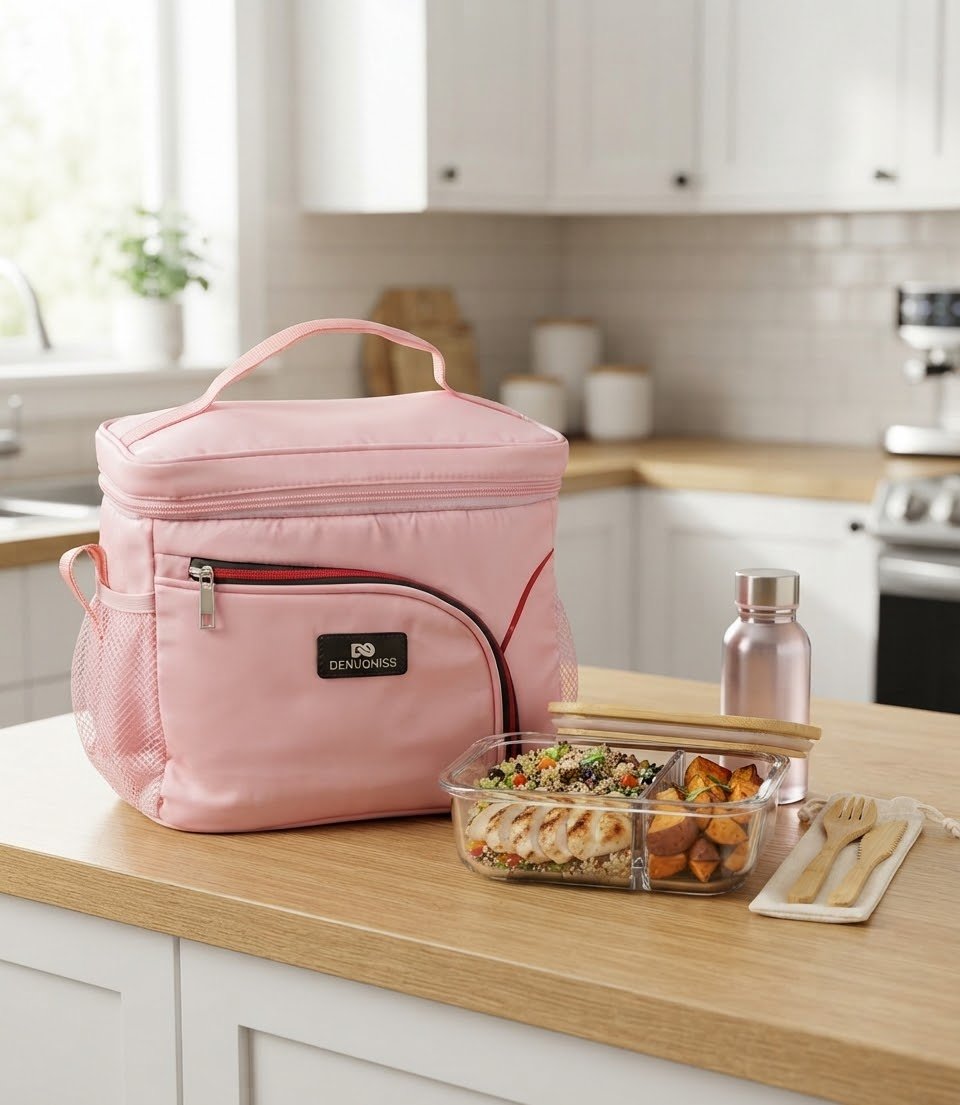 DENUONISS pink insulated lunch bag in a kitchen